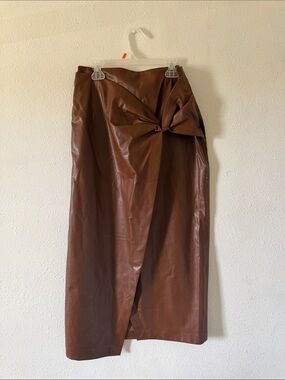Zara Chocolate Brown Faux Leather mid-long Skirt with Front Knot bow